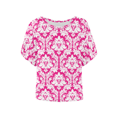 damask pattern hot pink and white Women's Batwing-Sleeved Blouse T shirt (Model T44)