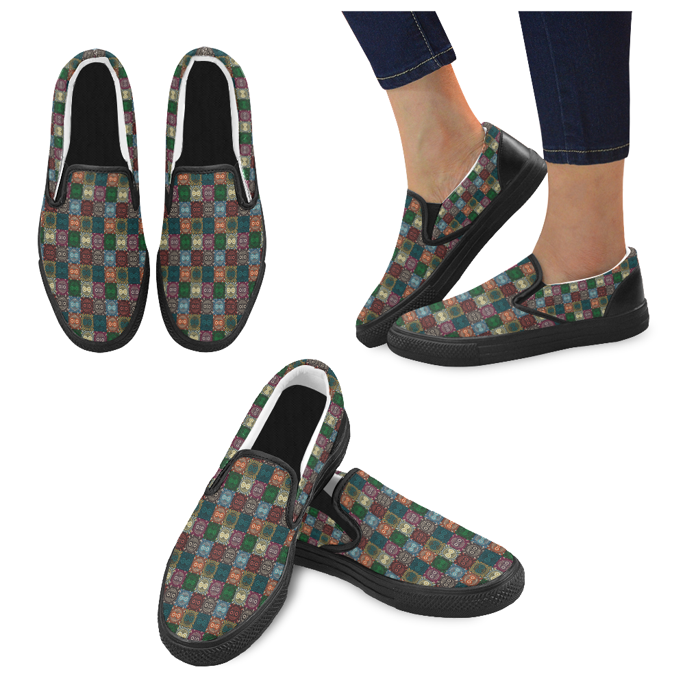 Polychrome Owl Slip-on Canvas Shoes for Men/Large Size (Model 019)