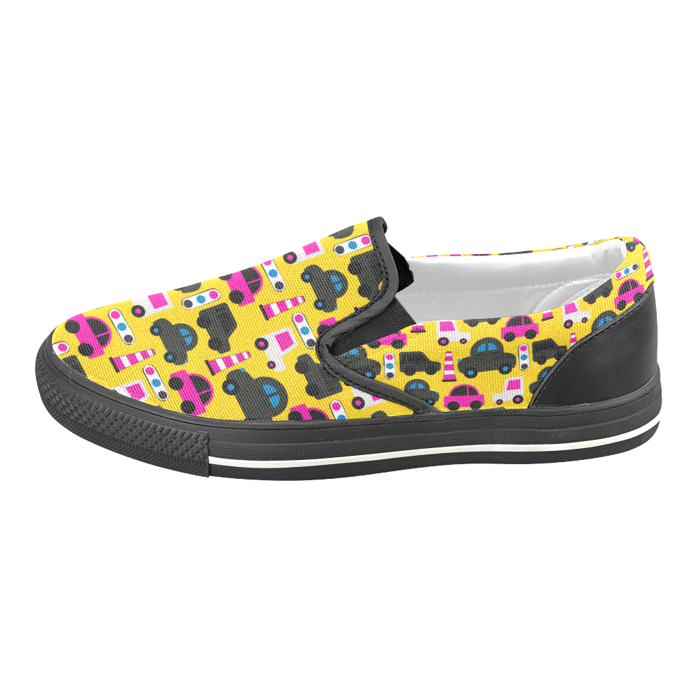 toy cars yellow Women's Slip-on Canvas Shoes/Large Size (Model 019)
