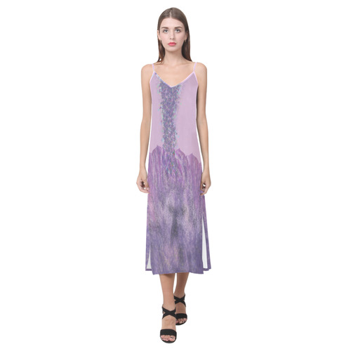 Tropical Violet Indigo V-Neck Open Fork Long Dress(Model D18)