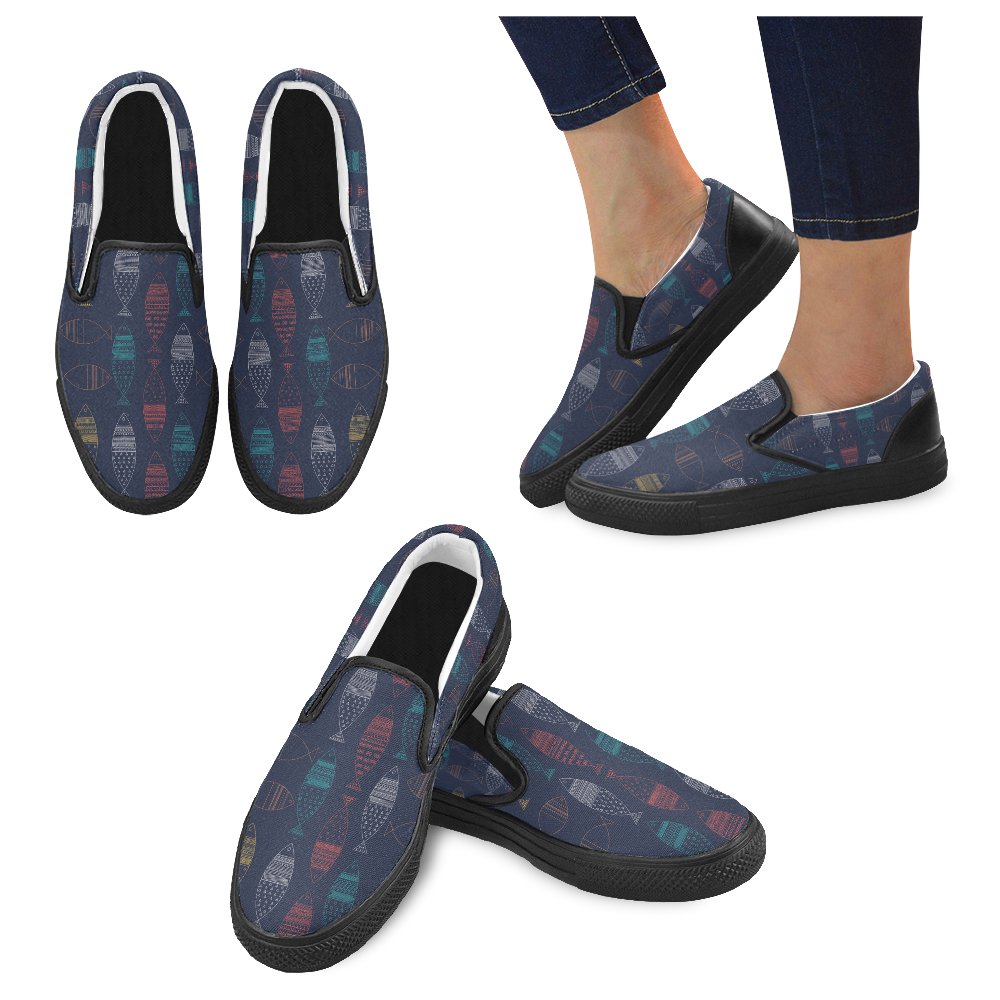 color abstract fish Women's Slip-on Canvas Shoes (Model 019)