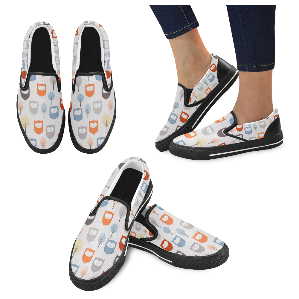 Cute Owls Trees Women's Slip-on Canvas Shoes/Large Size (Model 019)