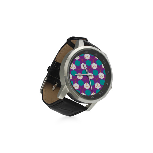 Cubes in honeycomb pattern Unisex Stainless Steel Leather Strap Watch(Model 202)