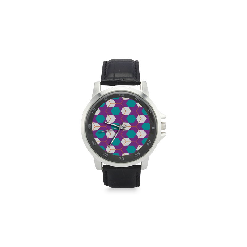 Cubes in honeycomb pattern Unisex Stainless Steel Leather Strap Watch(Model 202)