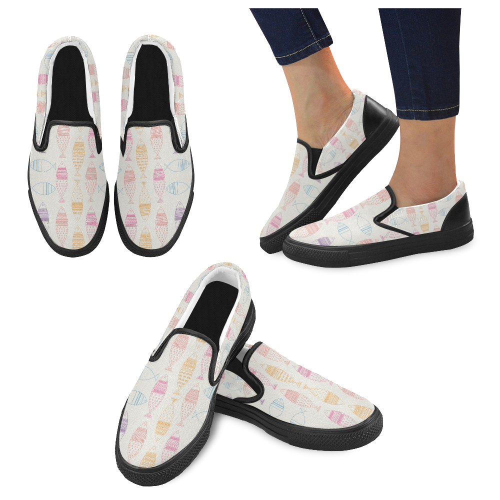 abstract tribal fish Women's Slip-on Canvas Shoes (Model 019)