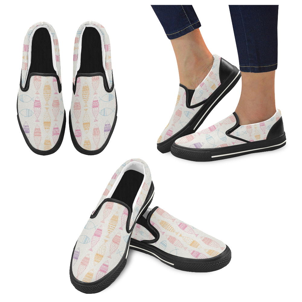 abstract tribal fish Women's Slip-on Canvas Shoes/Large Size (Model 019)