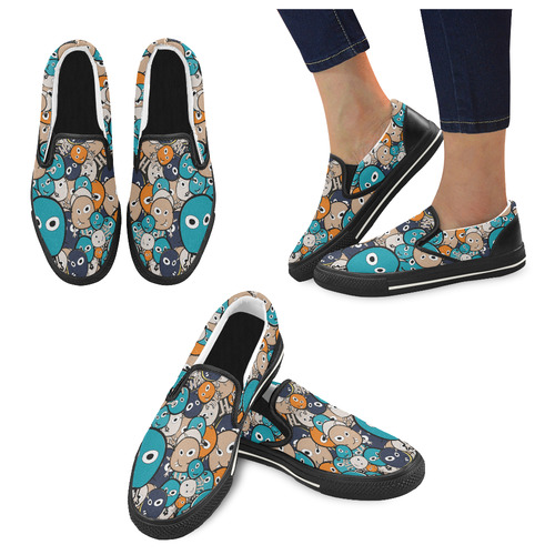 cartoon monsters Women's Slip-on Canvas Shoes/Large Size (Model 019)