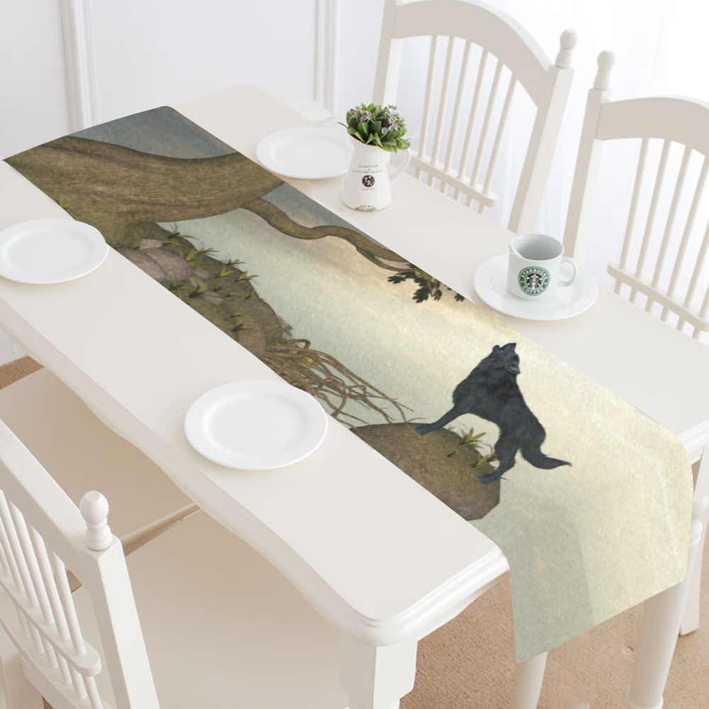 The lonely wolf on a flying rock Table Runner 16x72 inch