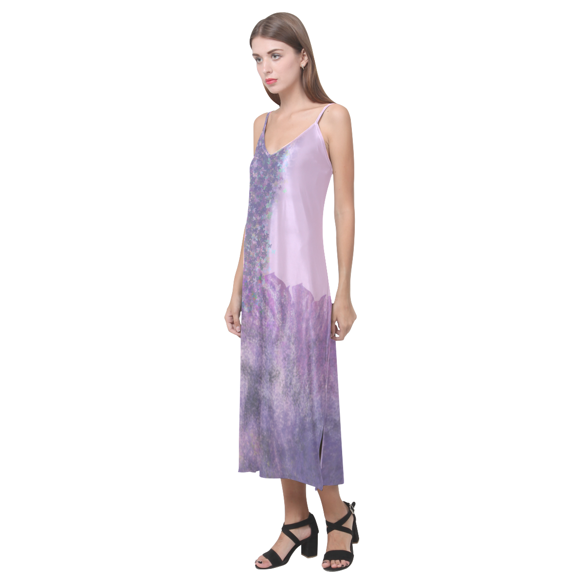 Tropical Violet Indigo V-Neck Open Fork Long Dress(Model D18)