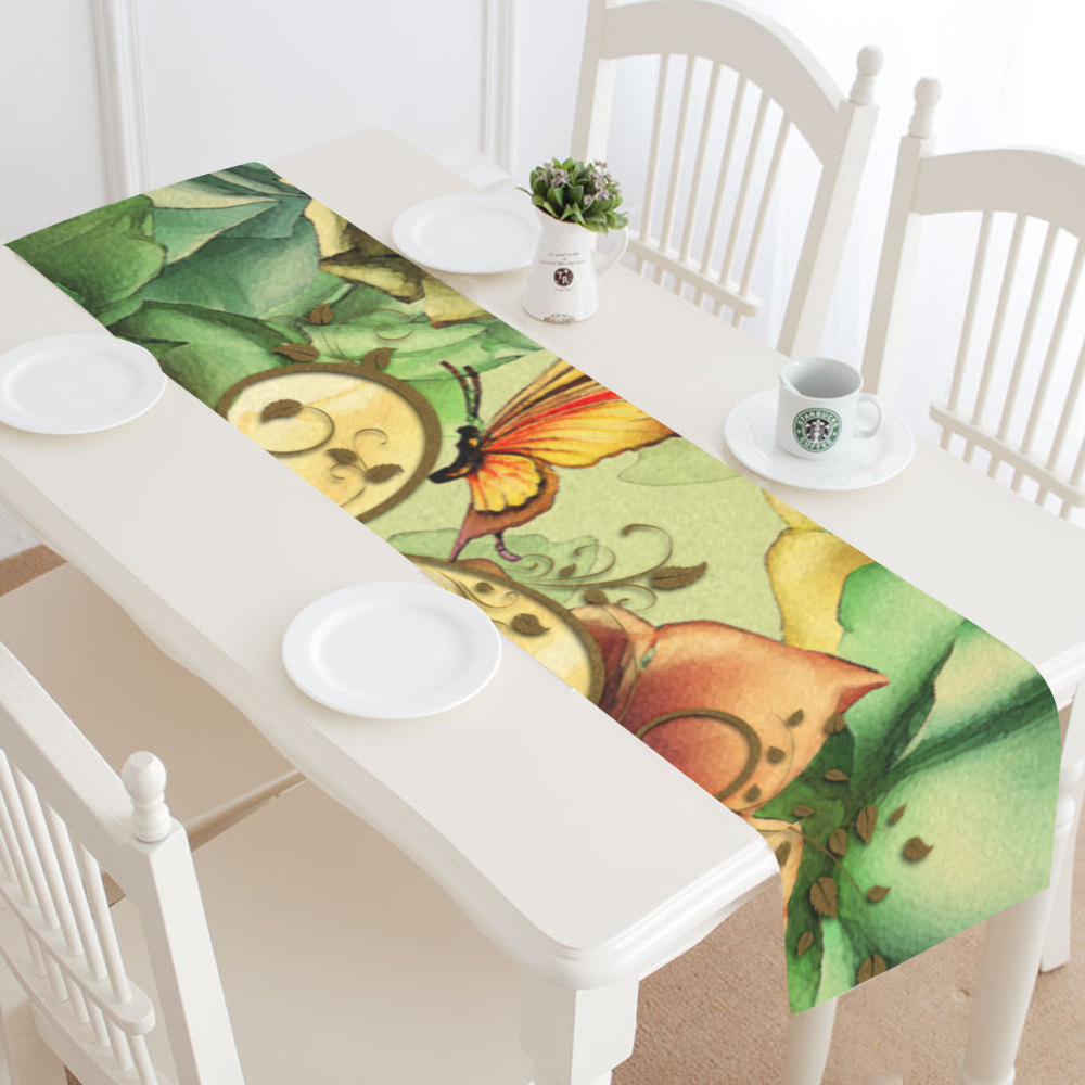 Colorful flowers with butterflies Table Runner 14x72 inch