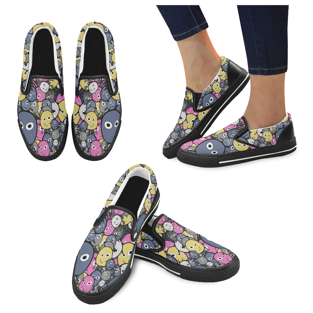 pink doodle monsters Women's Slip-on Canvas Shoes/Large Size (Model 019)