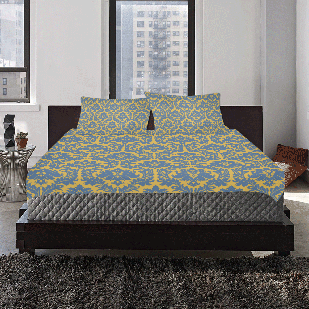 autumn fall colors yellow blue damask 3-Piece Bedding Set