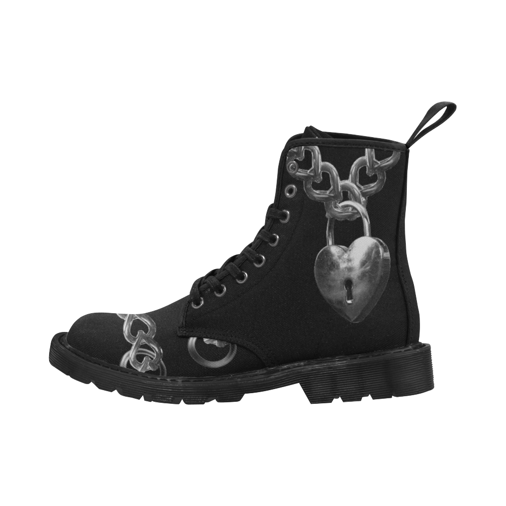 Silver Chain Lock Lacing Love Heart Martin Boots for Women (Black) (Model 1203H)