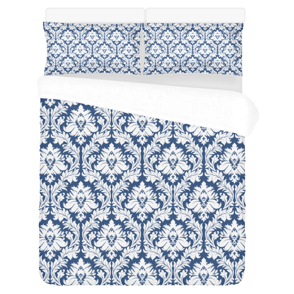 damask pattern navy blue and white 3-Piece Bedding Set