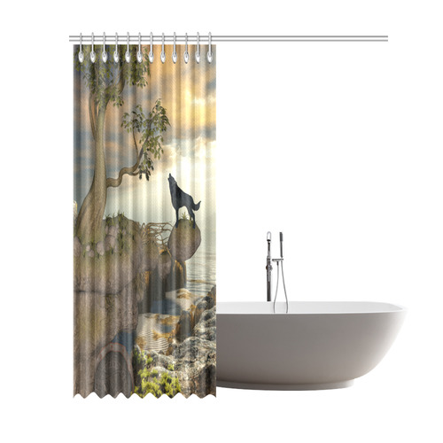 The lonely wolf on a flying rock Shower Curtain 69"x84"