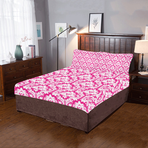 damask pattern hot pink and white 3-Piece Bedding Set