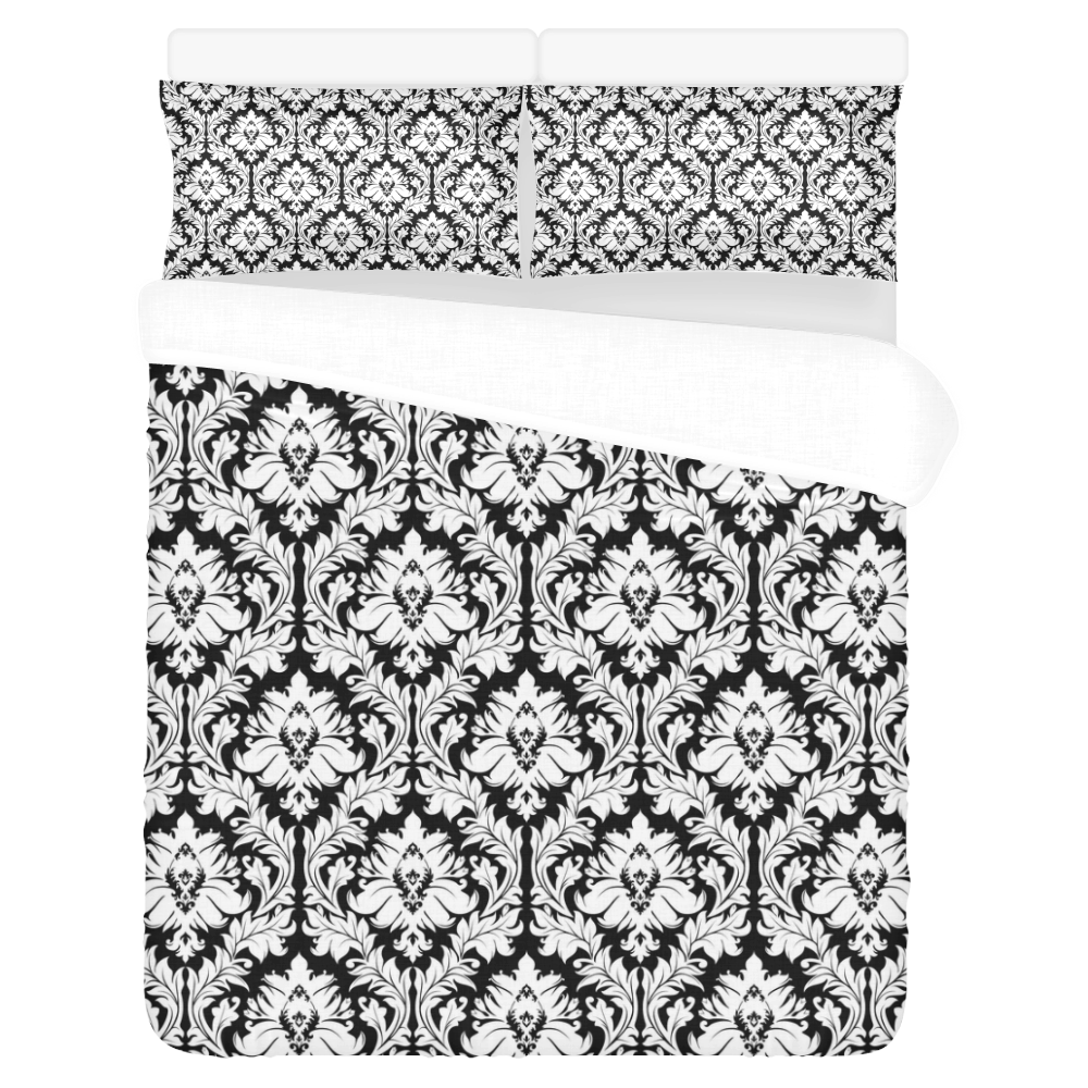 damask pattern black and white 3-Piece Bedding Set