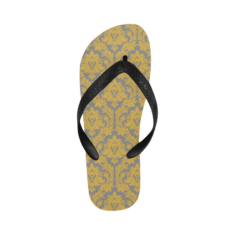 autumn fall mustard yellow grey damask Flip Flops for Men/Women (Model 040)