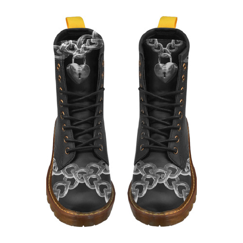 Silver Chain Lock Lacing Love Heart s High Grade PU Leather Martin Boots For Men Model 402H