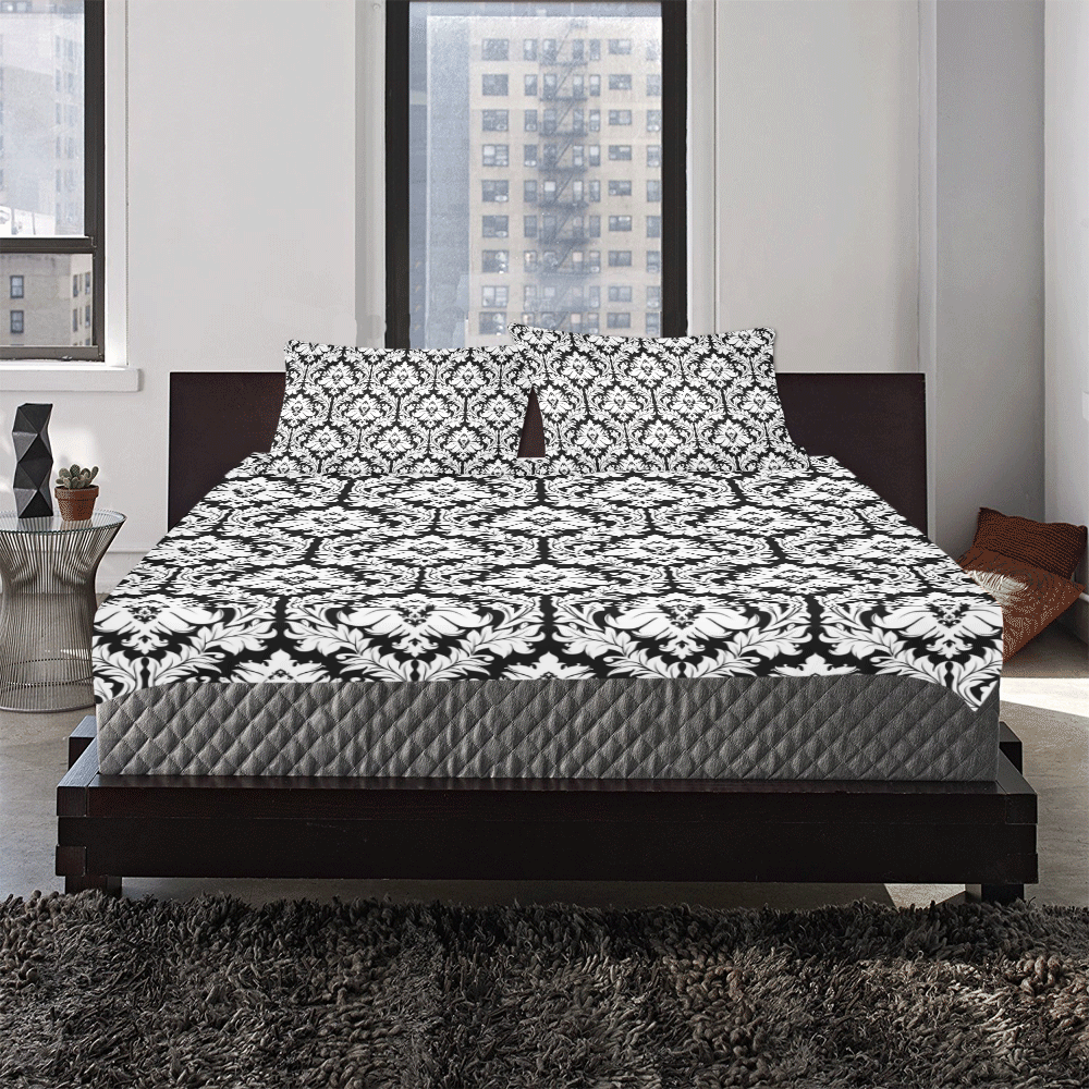 damask pattern black and white 3-Piece Bedding Set