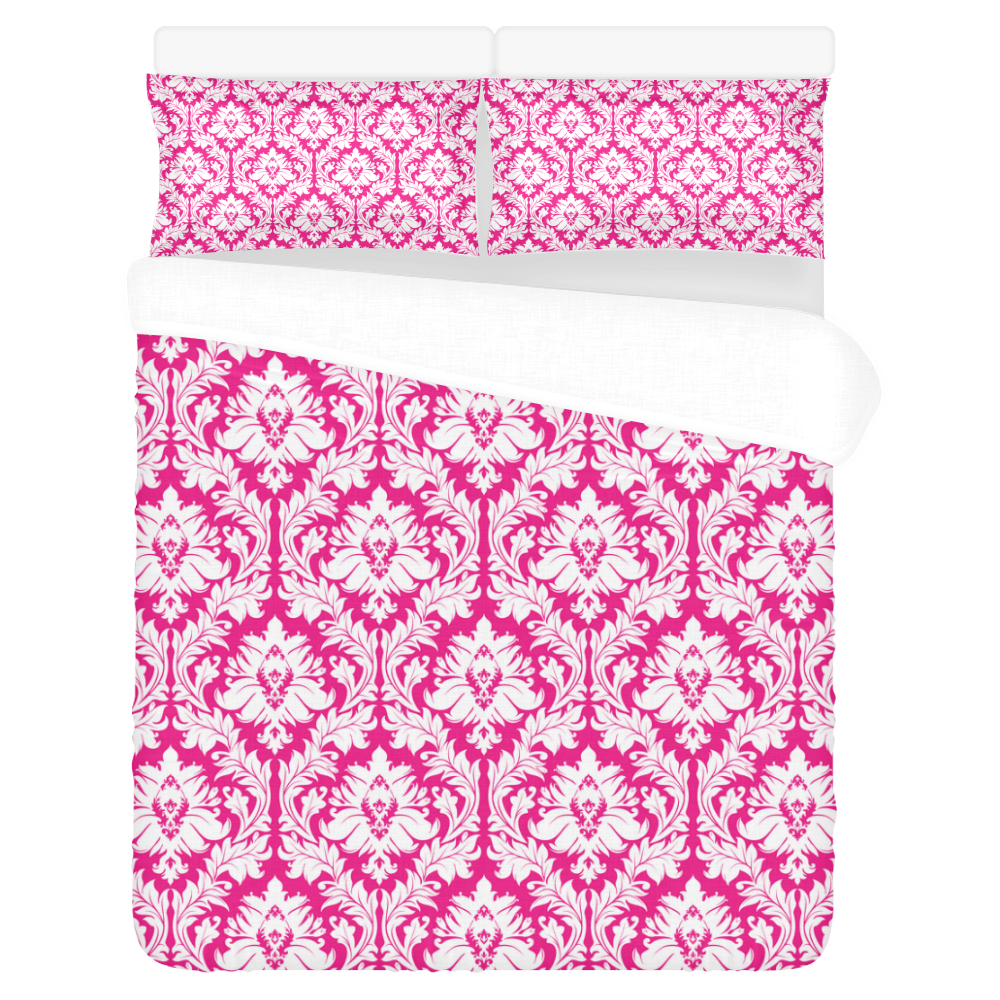 damask pattern hot pink and white 3-Piece Bedding Set