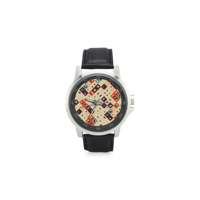 Squares in retro colors4 Unisex Stainless Steel Leather Strap Watch(Model 202)