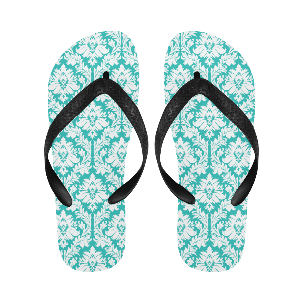 damask pattern turquoise and white Flip Flops for Men/Women (Model 040)