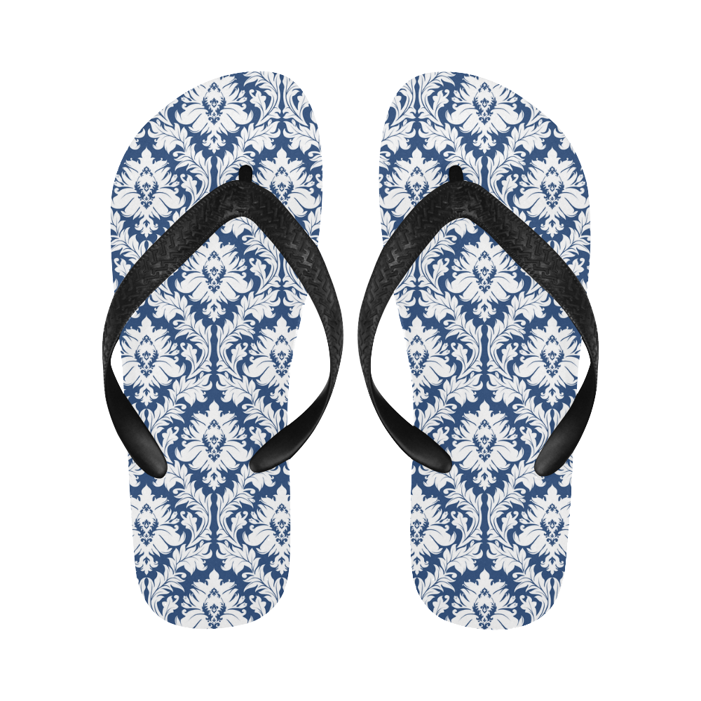 damask pattern navy blue and white Flip Flops for Men/Women (Model 040)