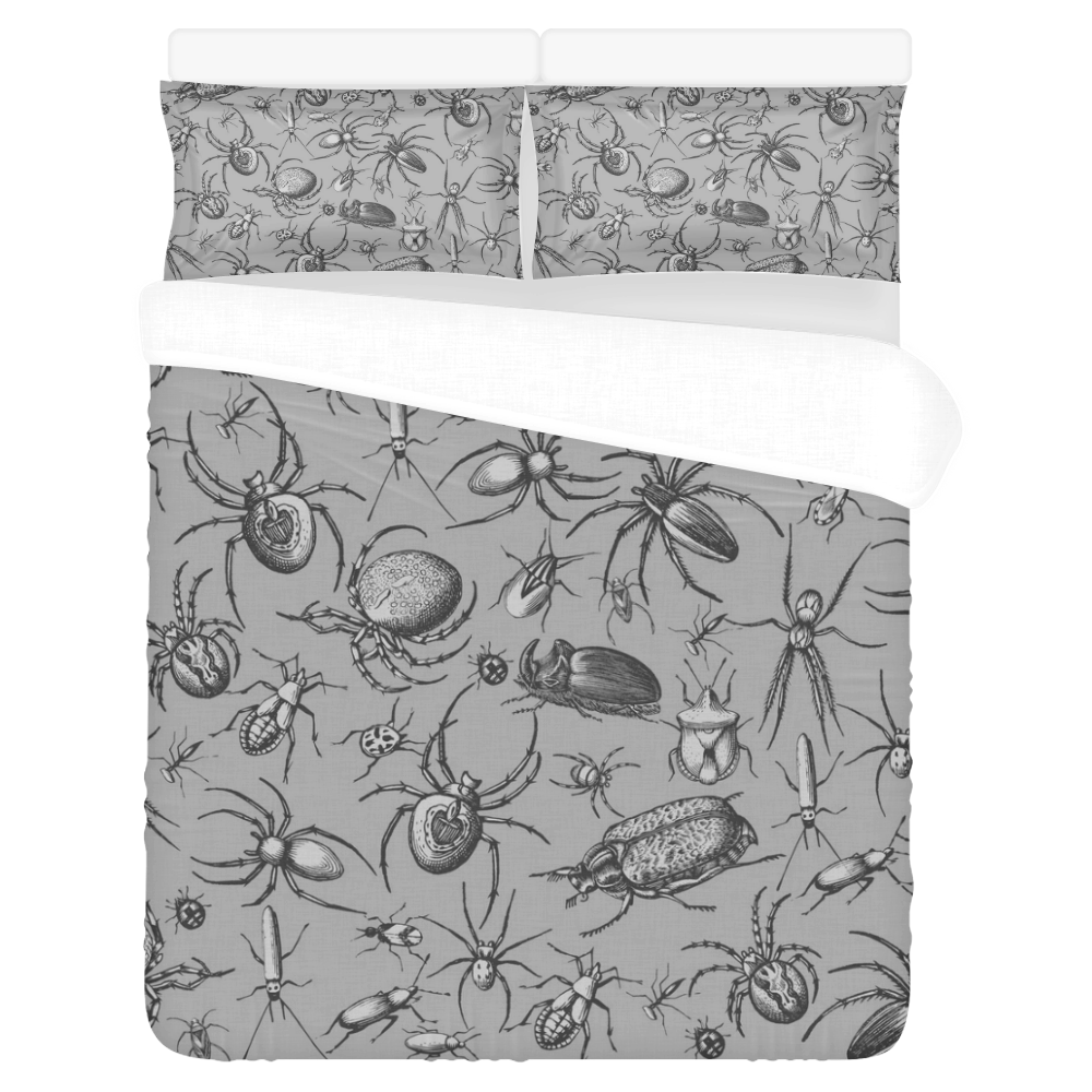 beetles spiders creepy crawlers insects grey 3-Piece Bedding Set