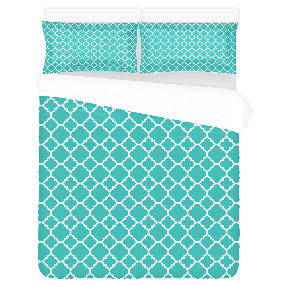 turquoise white quatrefoil classic pattern 3-Piece Bedding Set