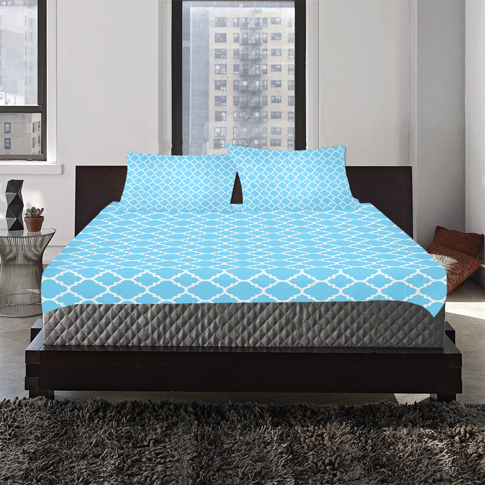 bright blue white quatrefoil classic pattern 3-Piece Bedding Set