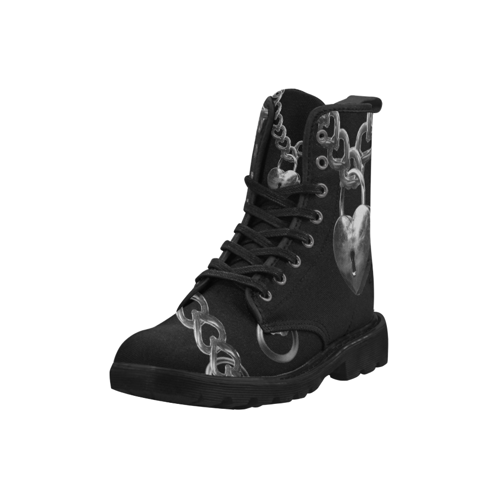 Silver Chain Lock Lacing Love Heart Martin Boots for Women (Black) (Model 1203H)