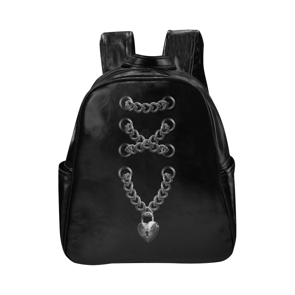 Silver Chain Lock Lacing Love Heart Multi-Pockets Backpack (Model 1636)