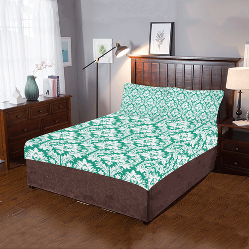 damask pattern emerald green and white 3-Piece Bedding Set
