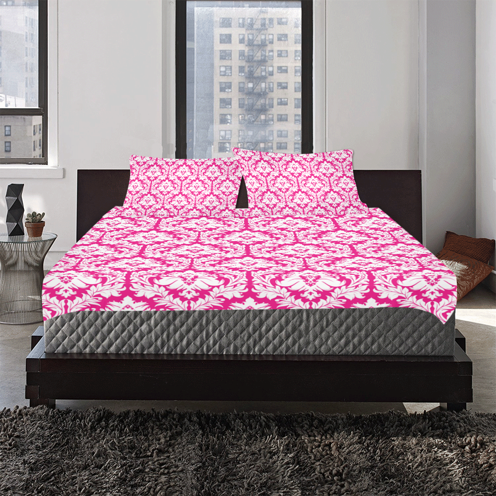 damask pattern hot pink and white 3-Piece Bedding Set
