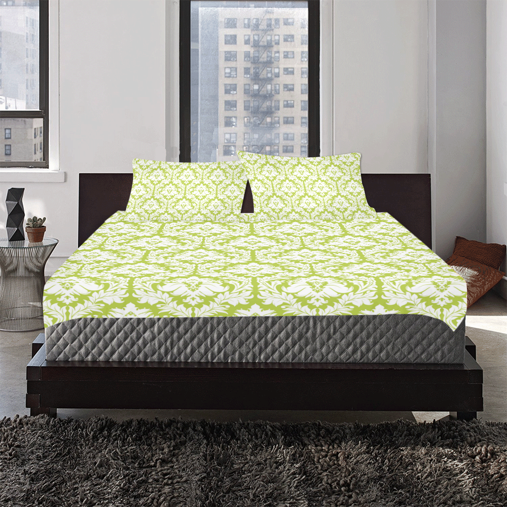 damask pattern spring green and white 3-Piece Bedding Set