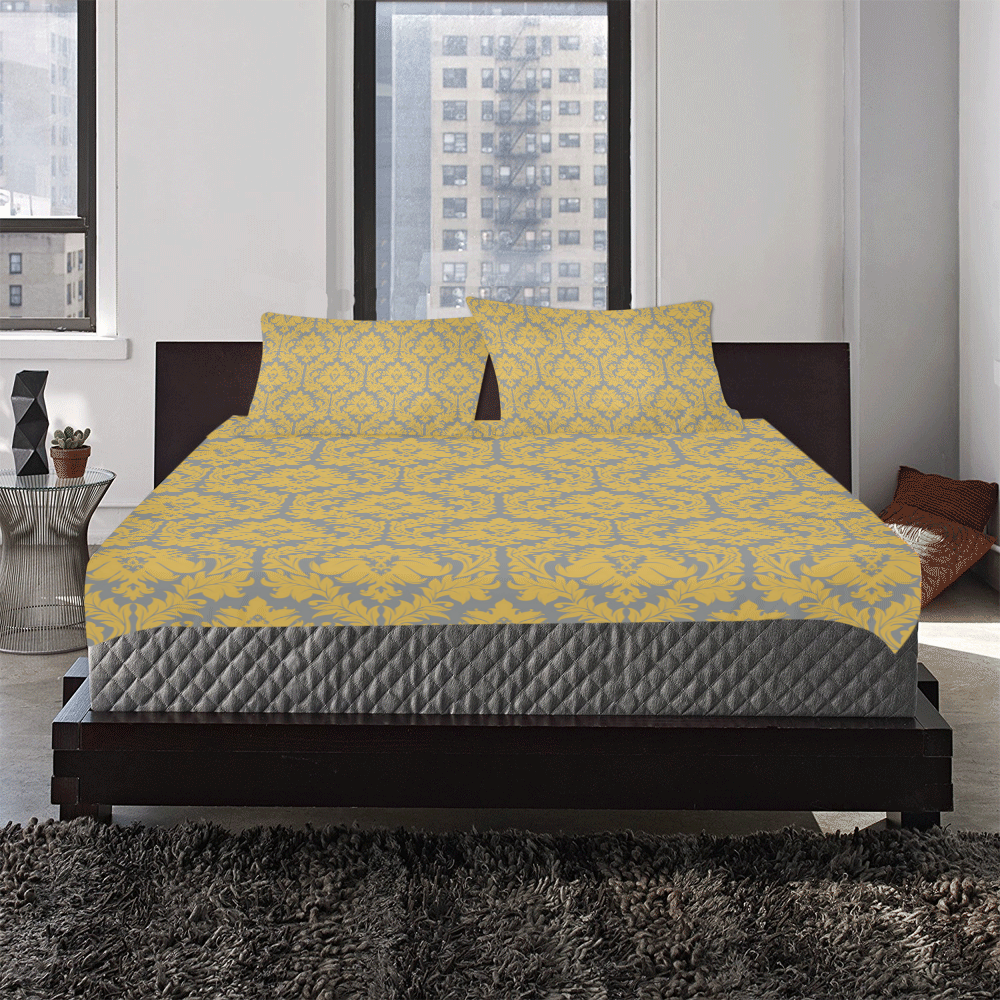 autumn fall mustard yellow grey damask 3-Piece Bedding Set