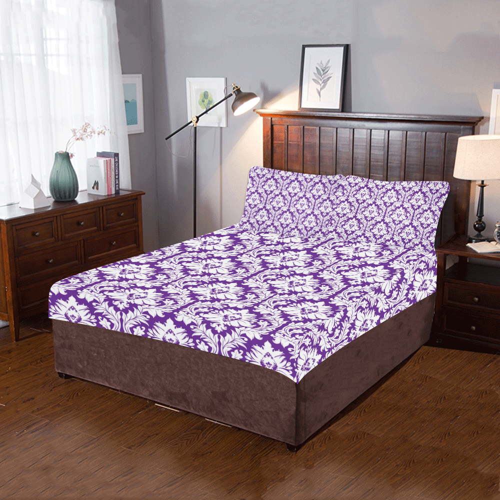 damask pattern royal purple and white 3-Piece Bedding Set