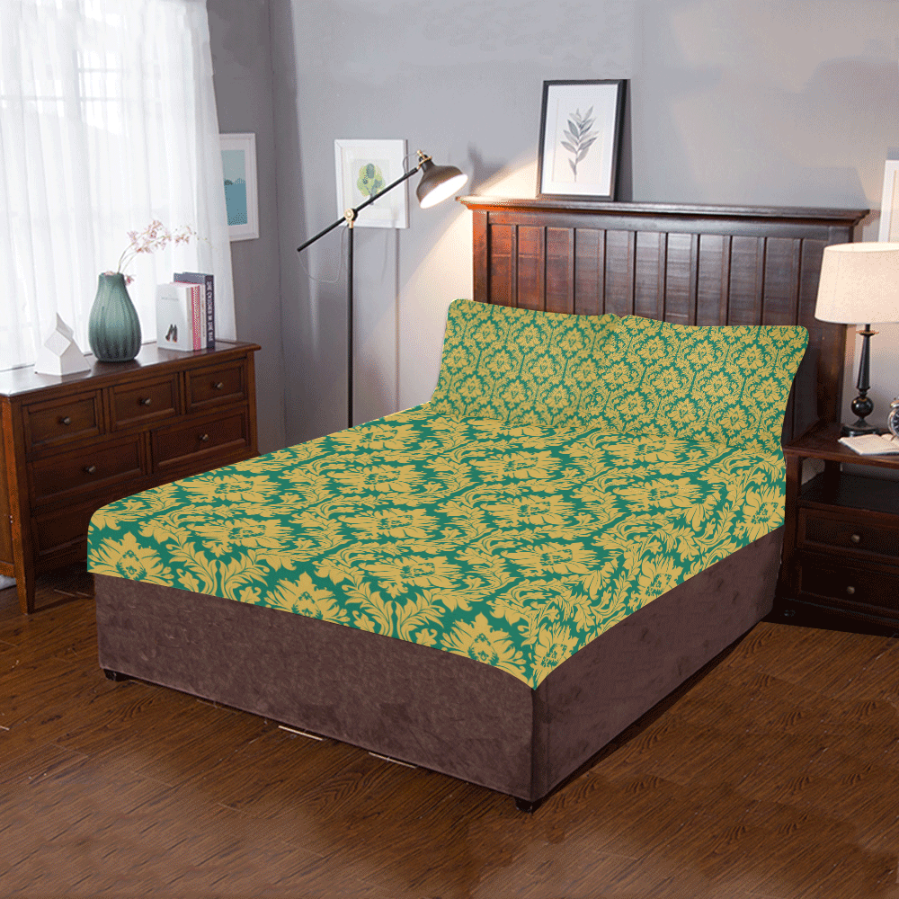 autumn fall green mustard yellow damask 3-Piece Bedding Set