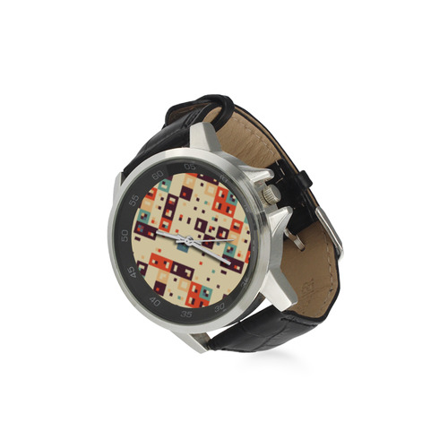 Squares in retro colors4 Unisex Stainless Steel Leather Strap Watch(Model 202)