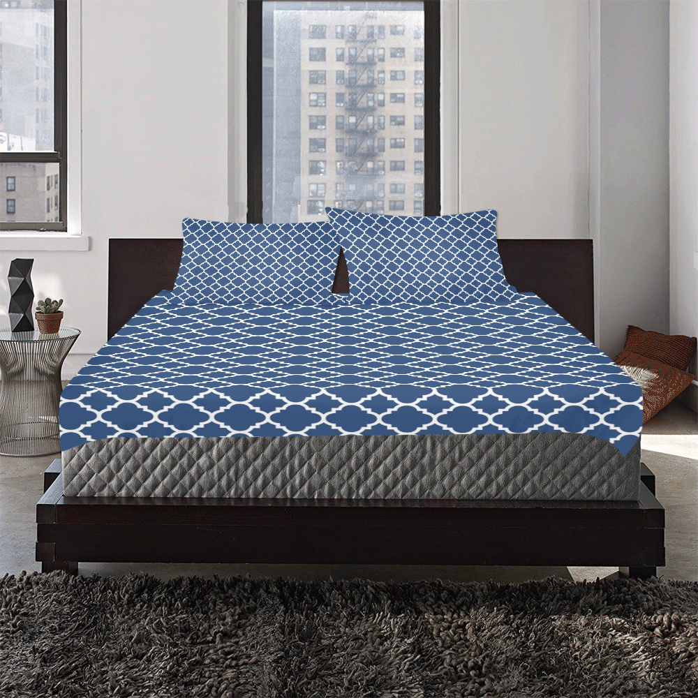 dark blue white quatrefoil classic pattern 3-Piece Bedding Set