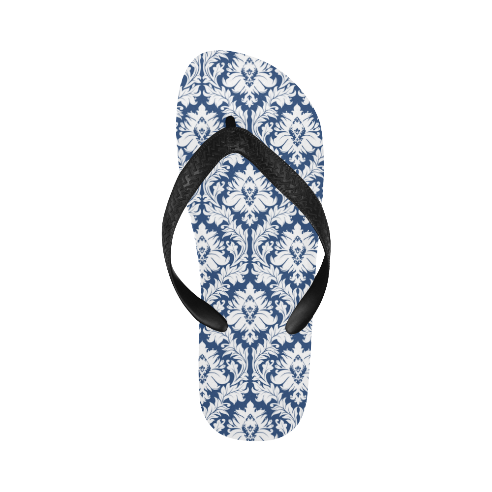 damask pattern navy blue and white Flip Flops for Men/Women (Model 040)