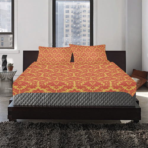 autumn fall colors yellow red damask pattern 3-Piece Bedding Set