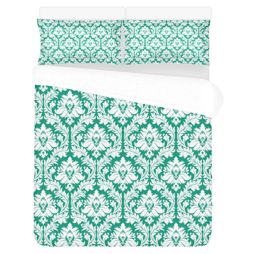 damask pattern emerald green and white 3-Piece Bedding Set