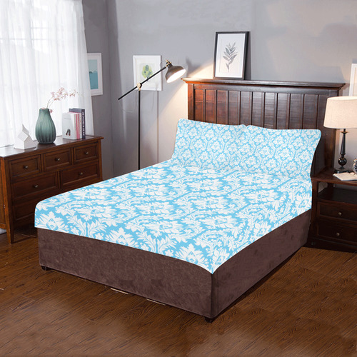 damask pattern bright blue and white 3-Piece Bedding Set