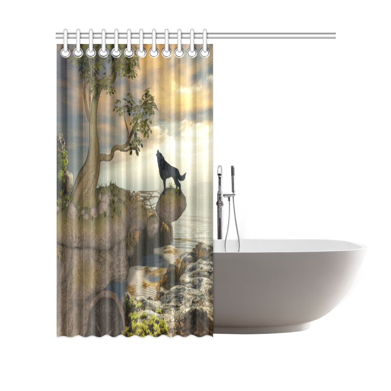 The lonely wolf on a flying rock Shower Curtain 69"x70"