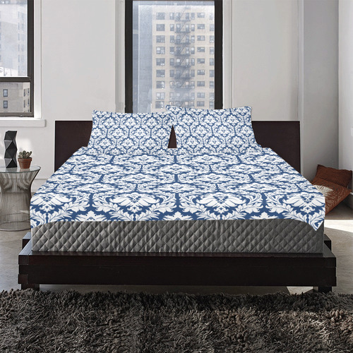 damask pattern navy blue and white 3-Piece Bedding Set