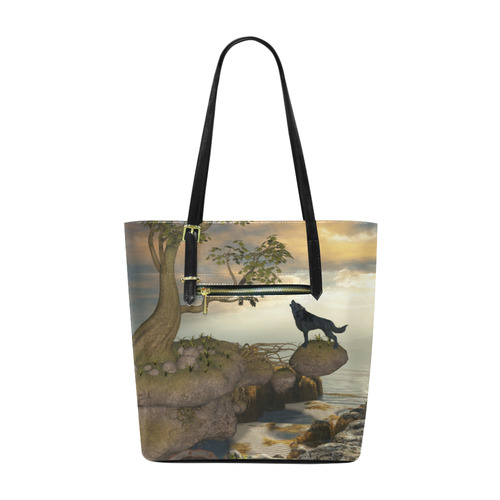 The lonely wolf on a flying rock Euramerican Tote Bag/Small (Model 1655)