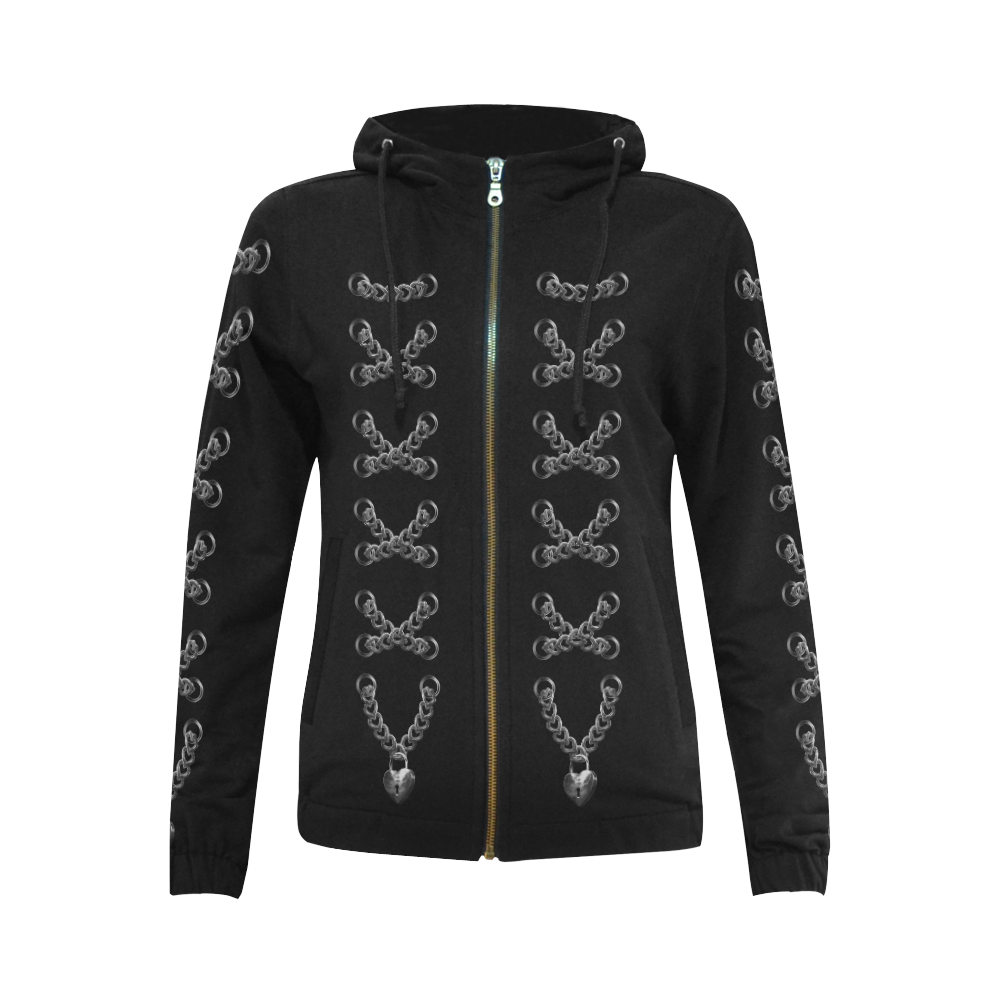 Silver Chain Lock Multi Lacing Love Heart s All Over Print Full Zip Hoodie for Women (Model H14)