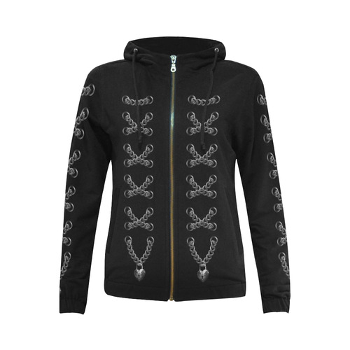 Silver Chain Lock Multi Lacing Love Heart s All Over Print Full Zip Hoodie for Women (Model H14)